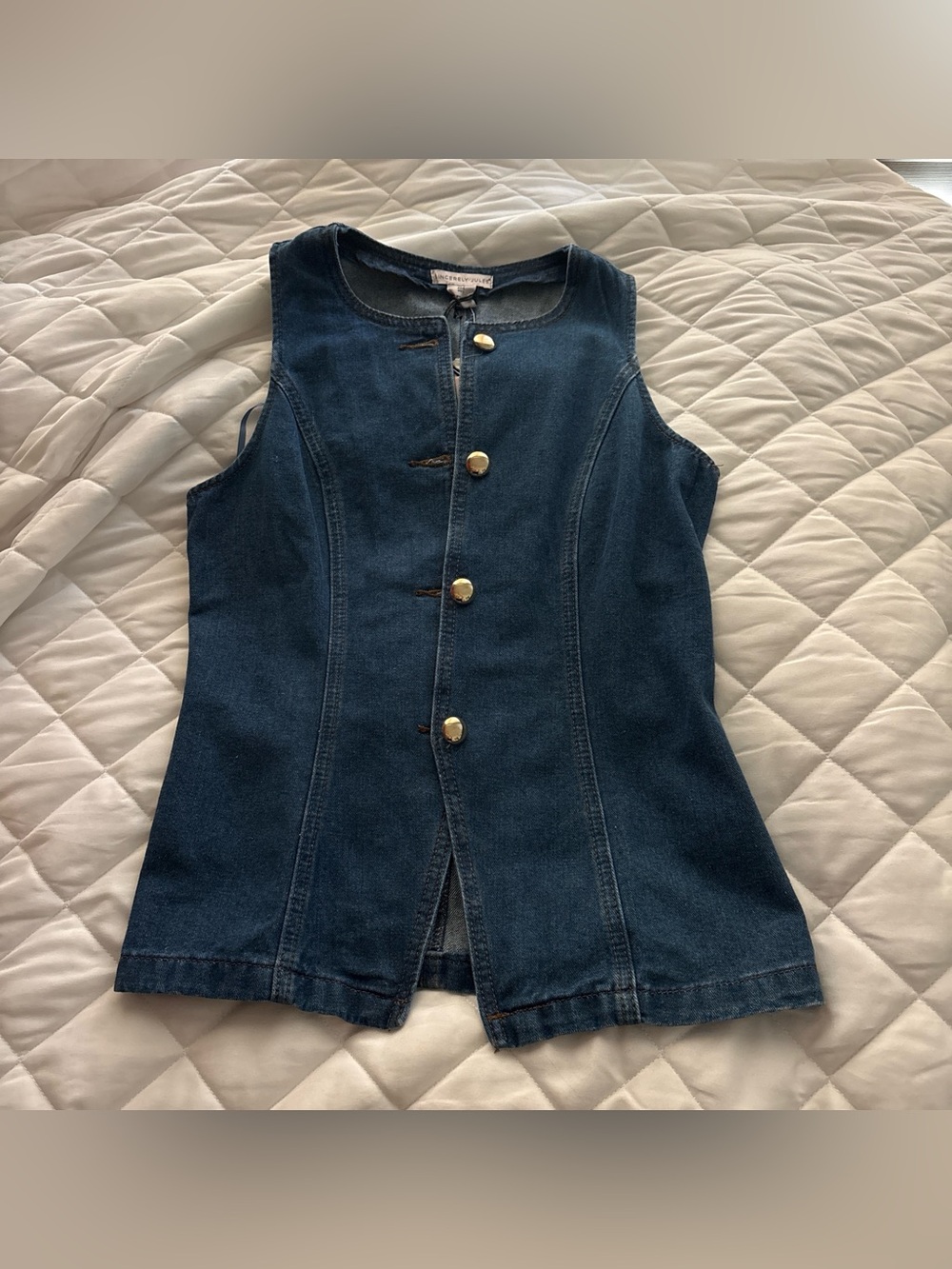 Sincerely Jules blue denim vest with gold buttons
